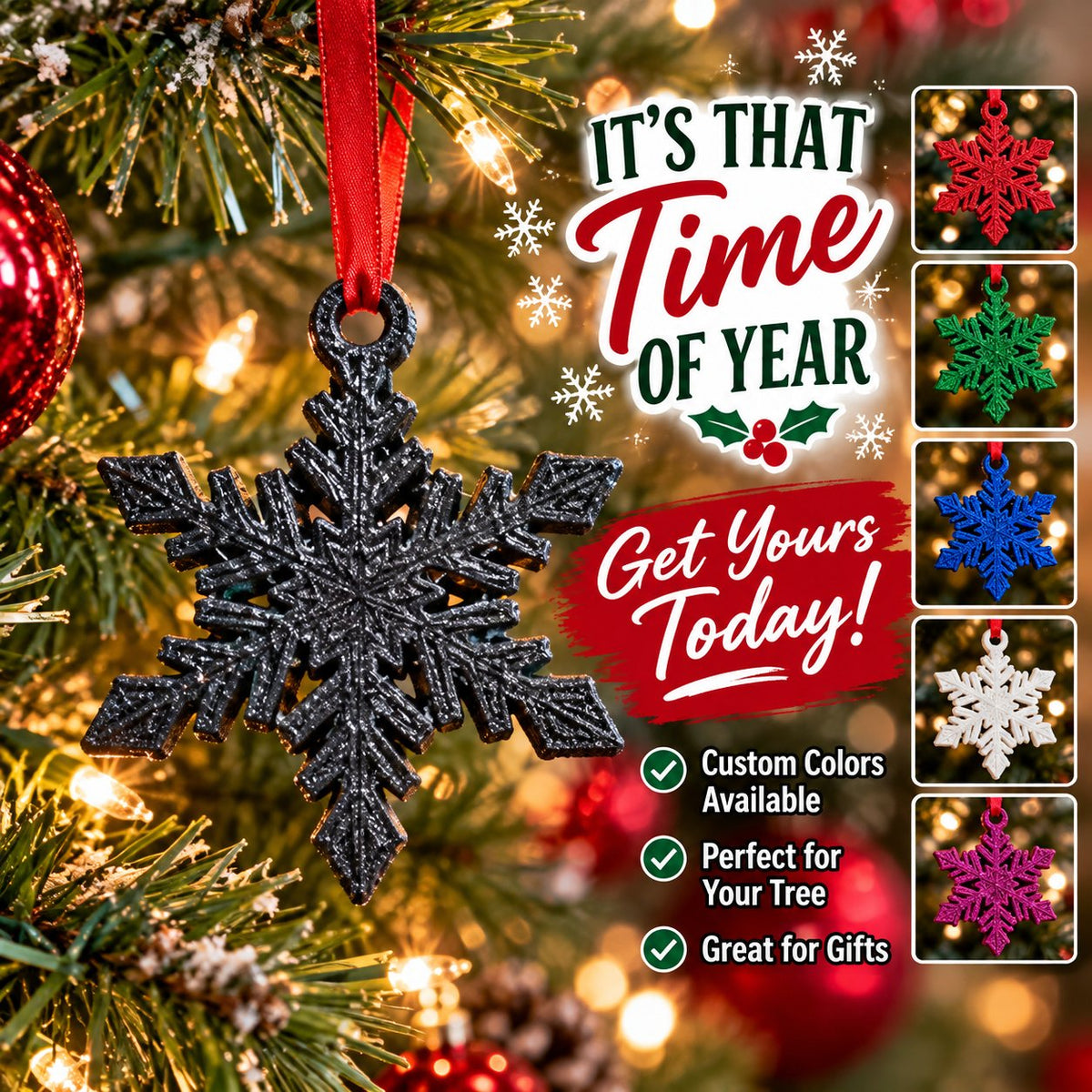 3D printed snowflake ornament hanging on a Christmas tree