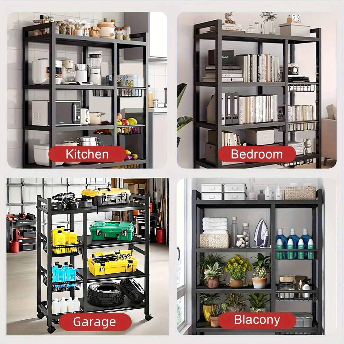 4-Tier Rolling Storage Rack with Baskets, Metal Utility Shelf on Wheels, Kitchen Garage Organizer